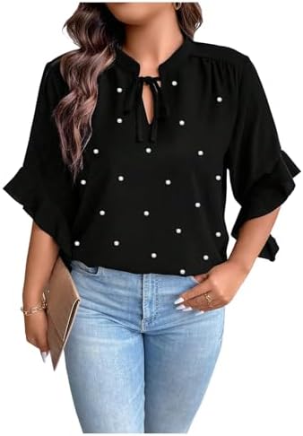Plus Size Pearl Beaded Tops Elegant Tie Neck Flounce