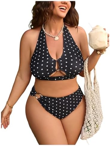 Plus Size Polka Dots Bikini Sets Cut Out Halter Swimsuits