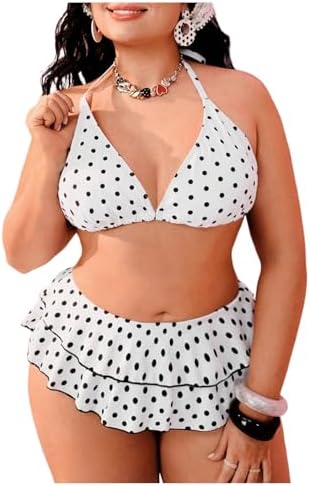 Plus Size Polka Dots Halter Bikini Top Tie Backless Swim