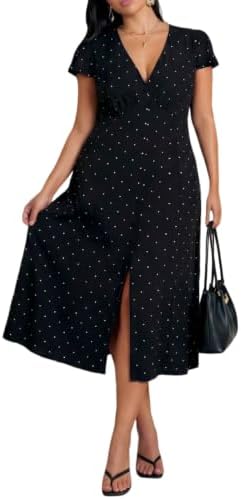 Plus Size Polka Dots Midi Dress Short Sleeve V Neck