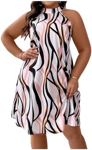 Plus Size Printed Tie Back Halter Dress A Line Knee