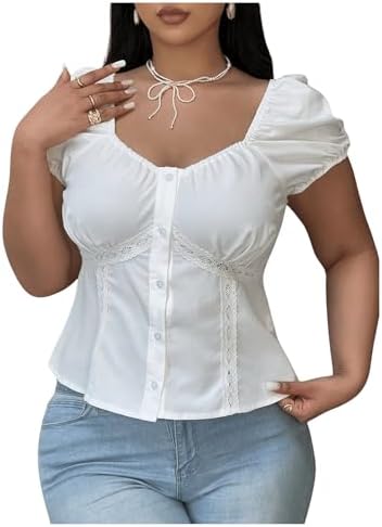 Plus Size Puff Short Sleeve Shirts Button Down Lace Blouse