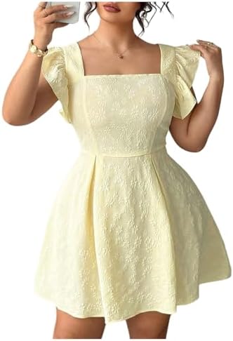Plus Size Ruffle Sleeve Smocked A Line Dress Jacquard