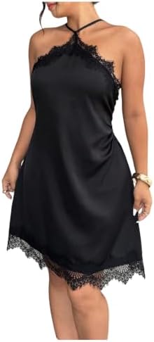 Plus Size Satin Lace Trim Halter Dress Sleeveless Evening