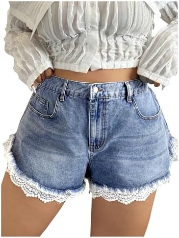 Plus Size Scalloped Lace Denim Shorts Frayed Raw Hem
