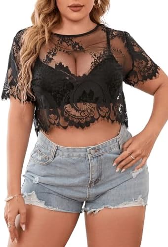 Plus Size Sheer Lace Short Sleeve Crop Tops