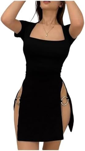 Plus Size Short Sleeve Mini Dress High Slit Bodycon Night