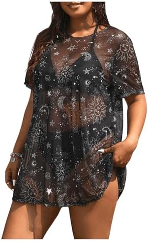 Plus Size Short Sleeve T Shirts Galaxy Print Sexy Sheer