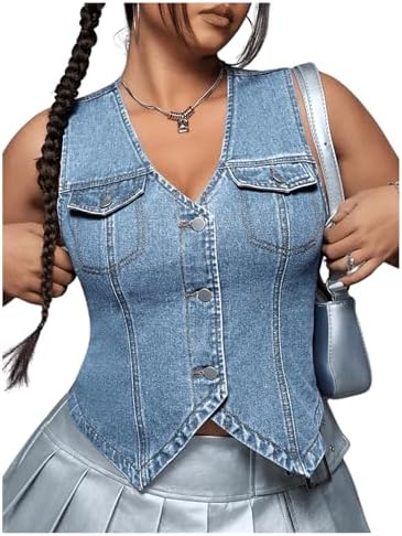 Plus Size Sleeveless Button Down Jean Vest V Neck Denim