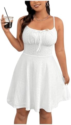 Plus Size Sleeveless Ruched Bust Eyelet Embroidery Flared