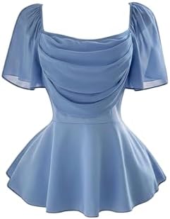 Plus Size Square Neck Ruched Blouses Short Sleeve Flared