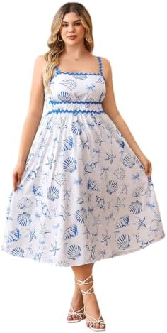 Plus Size Starfish Print Midi Dress Ruffle Smocked Beach