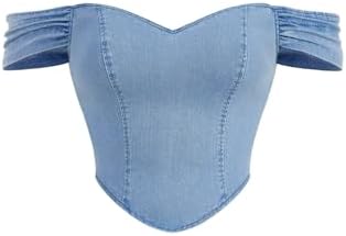 Plus Size Strapless Crop Denim Top Zip Back Curved Hem