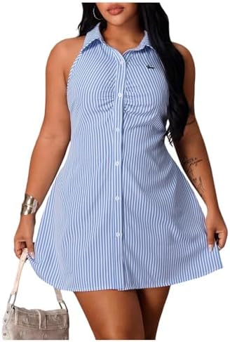 Plus Size Striped Shirt Dress Button Down Sleeveless