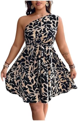 Plus Size Summer Dress One Shoulder Floral Belt Vacation