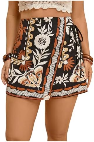 Plus Size Summer Skorts Floral Wrap Tie Side Wide Leg