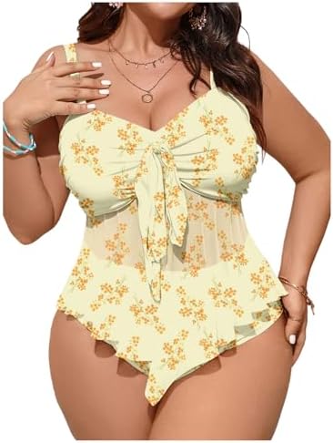 Plus Size Tankini Set Floral Ruffle Hem Swimsuit