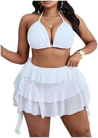 Plus Size Triangle Halter Bikini Sets Tiered Ruffle Hem