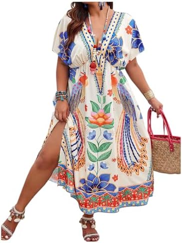 Plus Size Tribal Print Dolman Sleeve Slit Summer Maxi A
