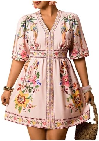 Plus Size Tropical Animal Beach Dress V Neck Short Sleeve
