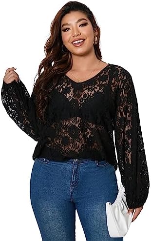 Plus Size V Neck Long Sleeve Floral Lace See Through