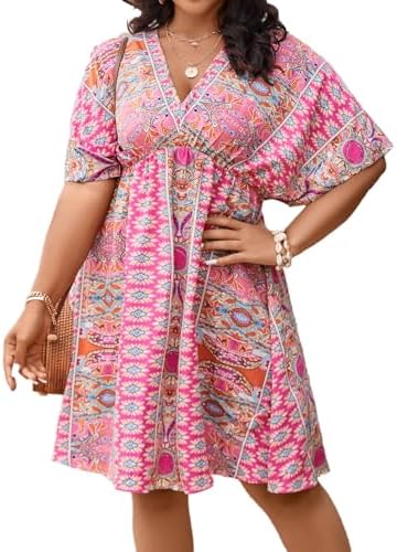 Plus Size V Neck Short Sleeve Ruffle Hem A Line Short