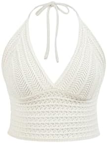 Plus Size V Neck Sleeveless Halter Knitted Crochet Crop