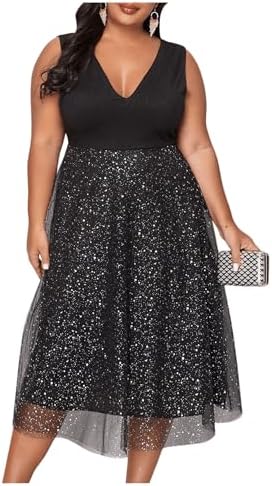 Plus Size V Neck Sleeveless Sequin Cocktail Party Midi