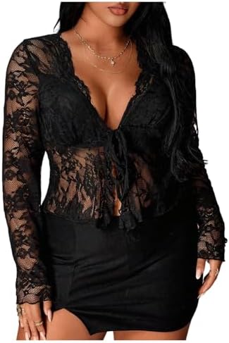 Plus Size Y2K Mesh Lace Long Sleeve Tie Going Out Crop Top