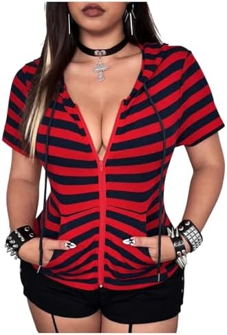 Plus Size Y2k Striped Tee Zip Up Hooded Short Sleeve