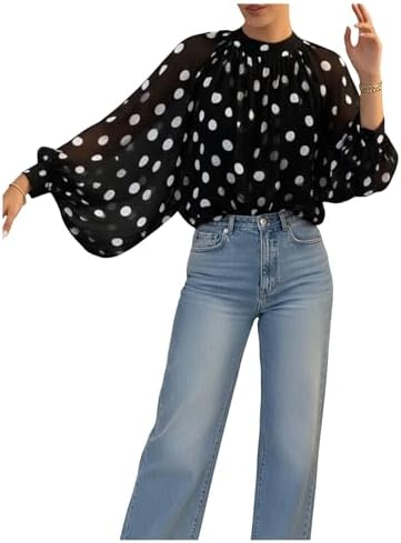 Polka Dots Bishop Sleeve Shirts Tie Neck Mesh Blouse Tops