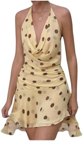 Polka Dots Cowl Neck Halter Dress Draped Open Back Date