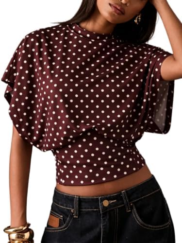 Polka Dots Crew Neck Cinched Waist Dolman Sleeve Crop Tops