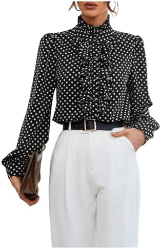 Polka Dots Long Sleeve Ruffle Business Casual Blouses Tops