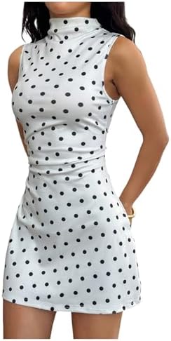Polka Dots Tank Dress Sleeveless Mock Neck Party Going