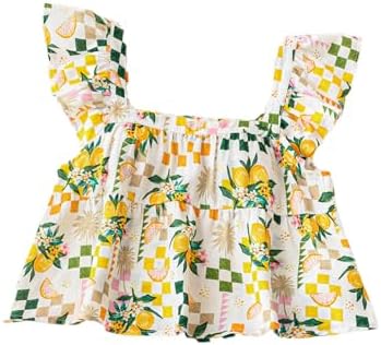 Printed Square Neck Crop Tops Cap Sleeve Ruffle Hem