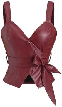 PU Leather Button Front Belted Tank Top Wrap V Neck Wide