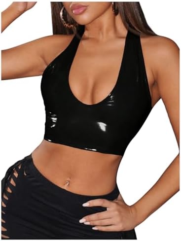 PU Leather Halter Cropped Tank Backless Criss Cross Y2k