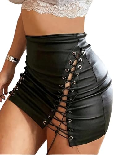 Pu Leather Lace Up Side Night Out Bodycon Club Mini Skirts