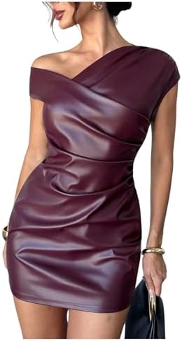PU Leather Ruched Mini Dress Asymmetrical Neck Date Night