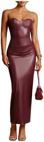 PU Leather Strapless Tube Dress Y2K Sleeveless Split