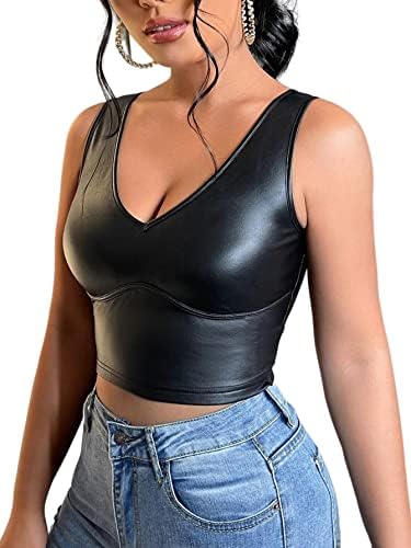 PU Leather V Neck Solid Sleeveless Camisole Crop Tank Top