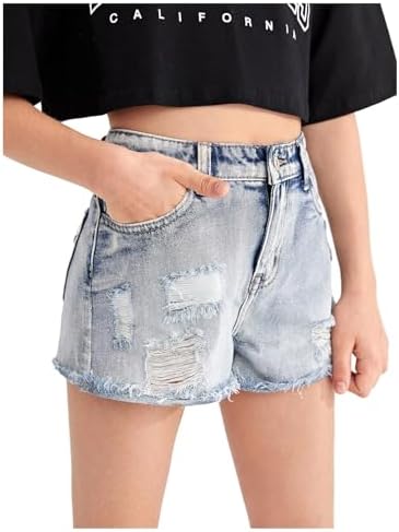 Ripped Raw Hem Jeans High Waisted Wide Leg Denim Shorts