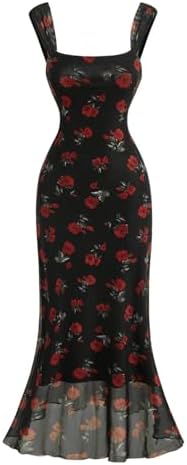 Rose Floral Print Mesh Midi Dress Vacation Fishtail Hem