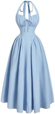 Ruched Bow Halter Dress Tie Open Back Sleeveless A Line