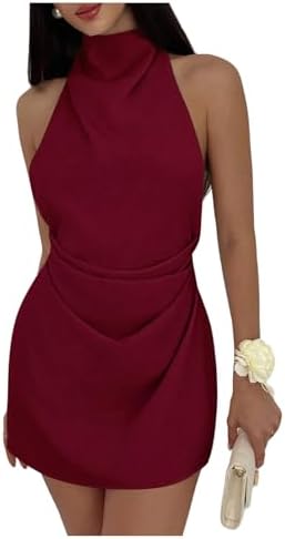 Ruched Cowl Neck Halter Mini Dress Tie Backless Night Out