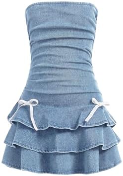 Ruched Strapless Tube Top Bowknot Denim Dress Cute Tiered