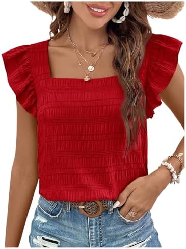 Ruffle Cap Sleeve Square Neck Textured Summer Blouse Tops
