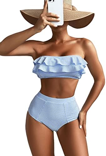 Ruffle Trim Bandeau High Waist Striped Print 2 Piece