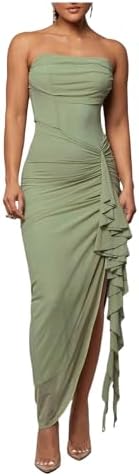 Ruffle Trim Ruched Slit Strapless Dress Sleeveless